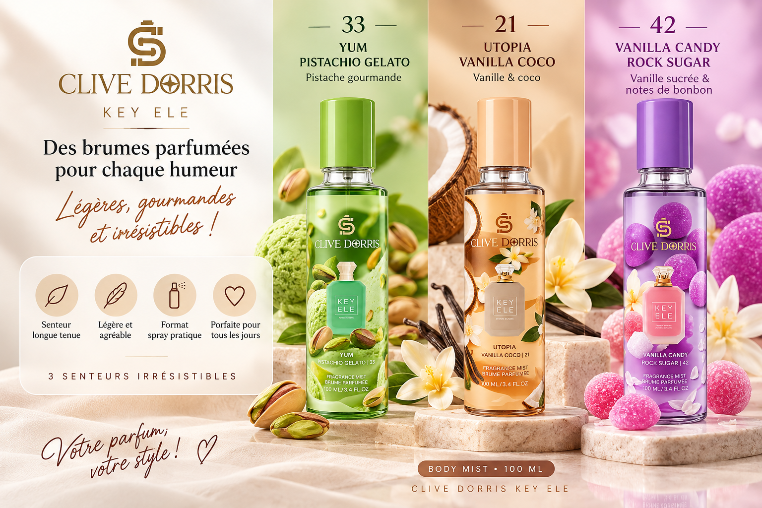 Brume parfumée Clive Dorris KEY ELE 100 ml disponible en trois senteurs