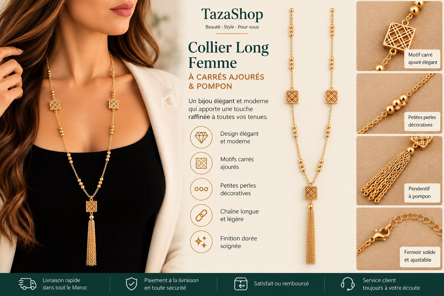 Collier long femme doré à carrés ajourés et pendentif pompon