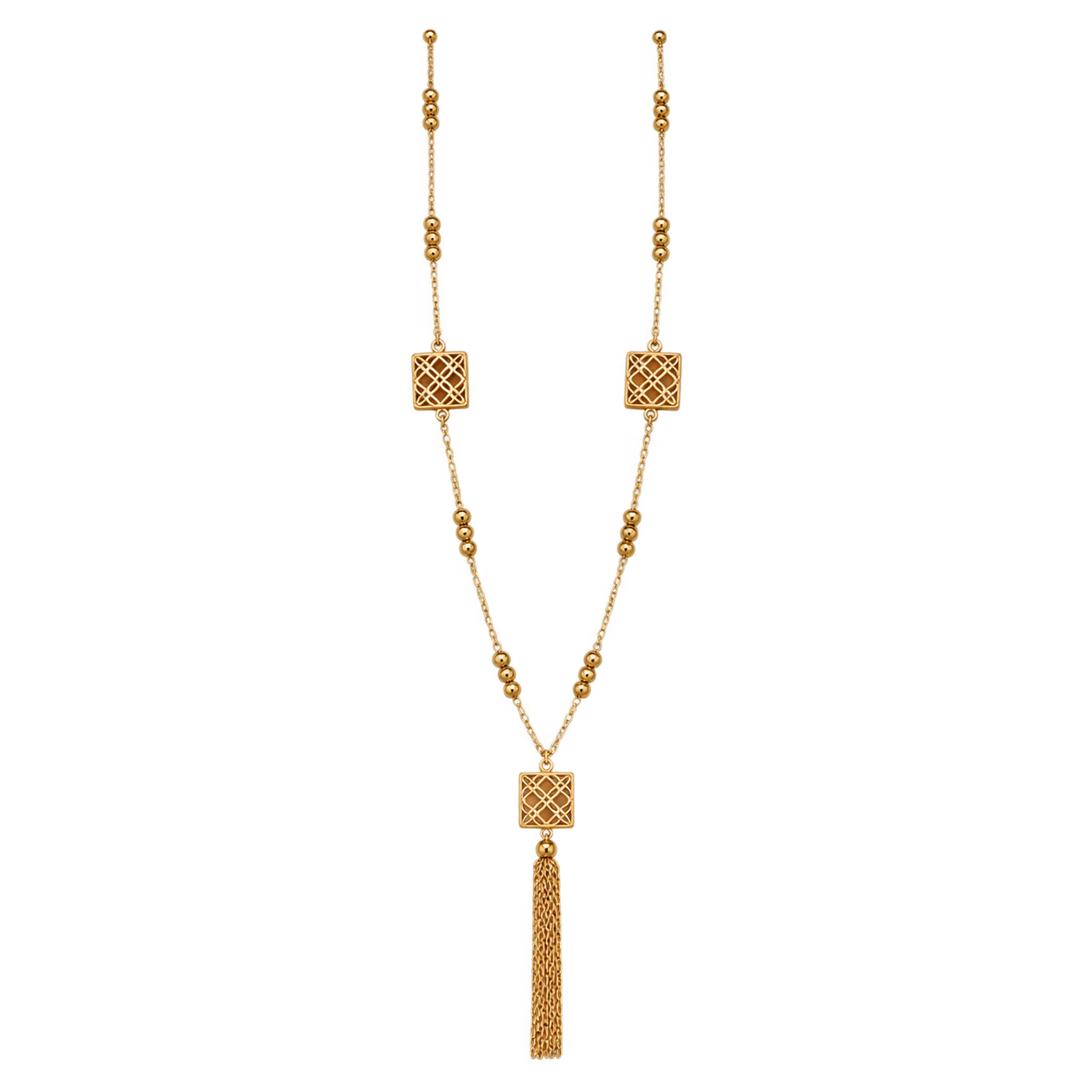 Collier long femme doré à carrés ajourés et pompon