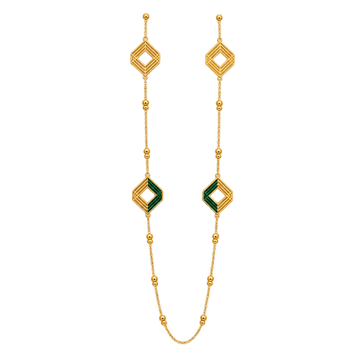 Collier long femme doré à losanges géométriques