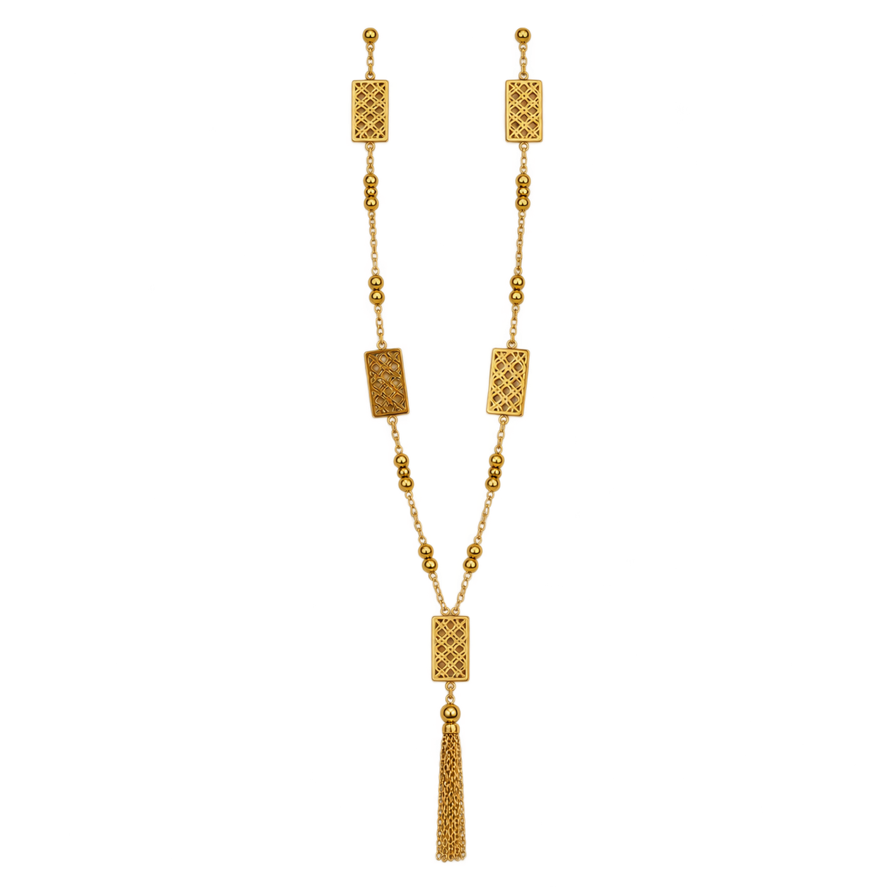Collier long femme doré à médaillons ajourés et pompon