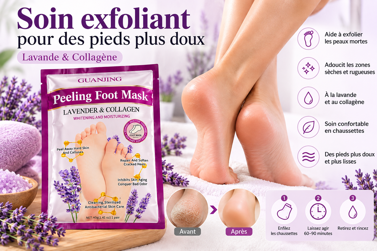 Guanjing masque pieds exfoliant lavande et collagène