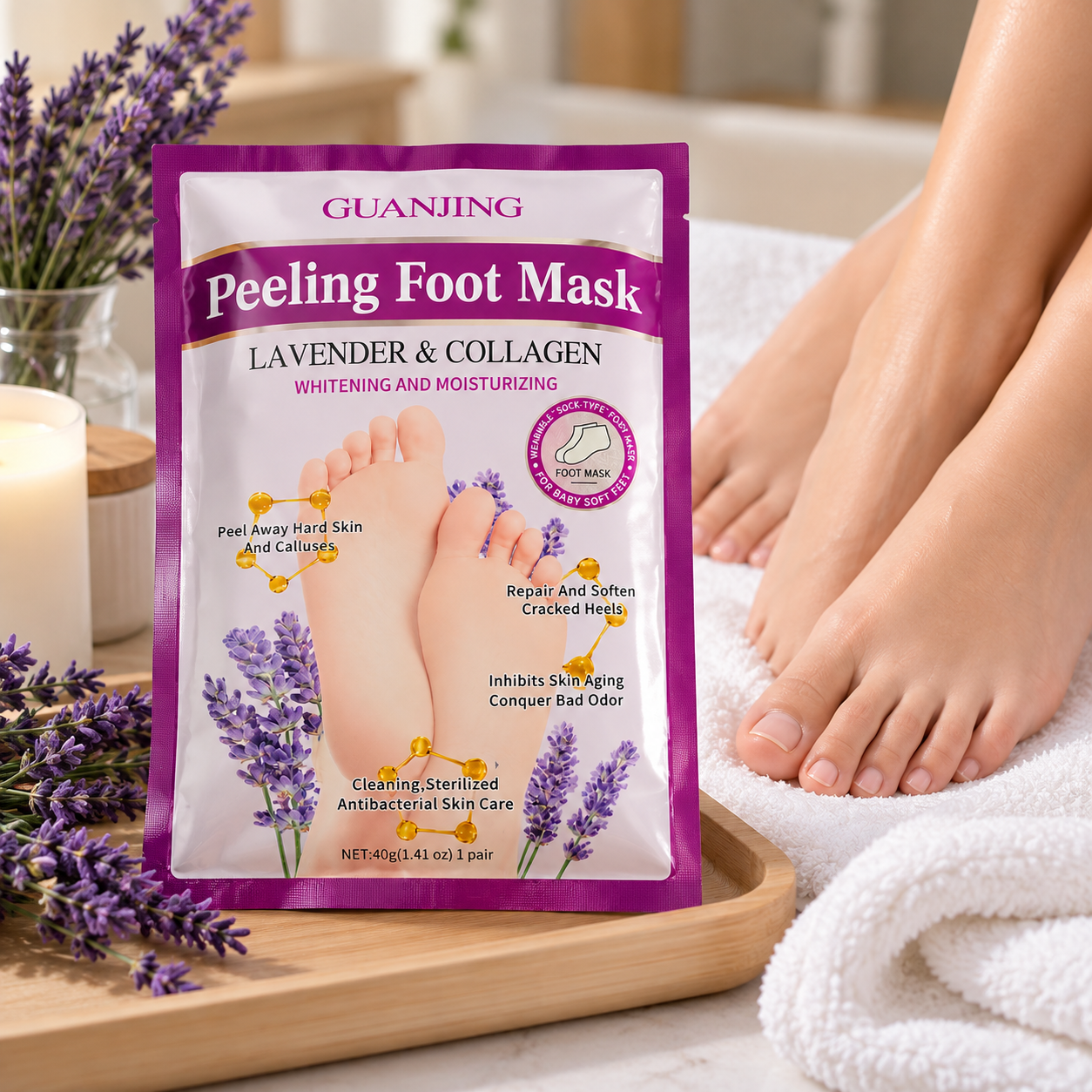 Guanjing Peeling Foot Mask lavande et collagène