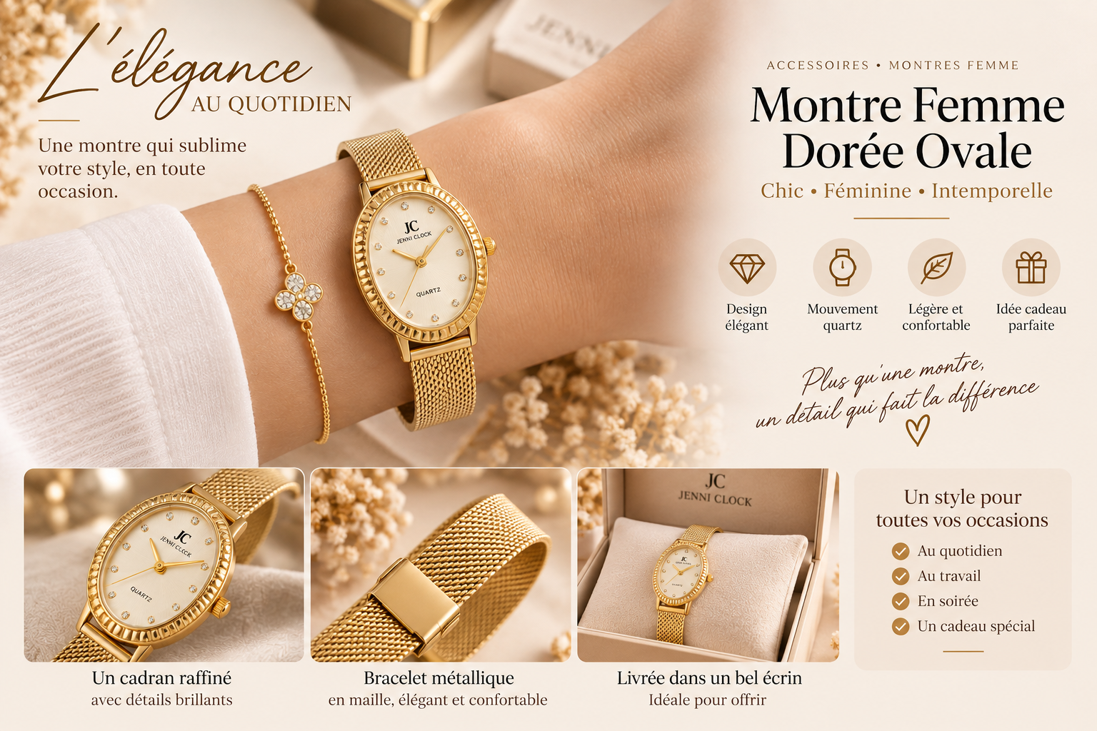 Montre femme dorée ovale avec bracelet maille