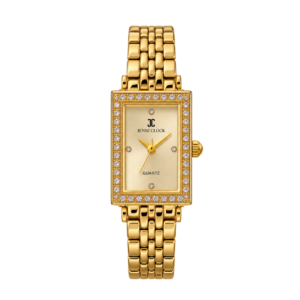 Montre femme dorée rectangulaire à strass dans son écrin