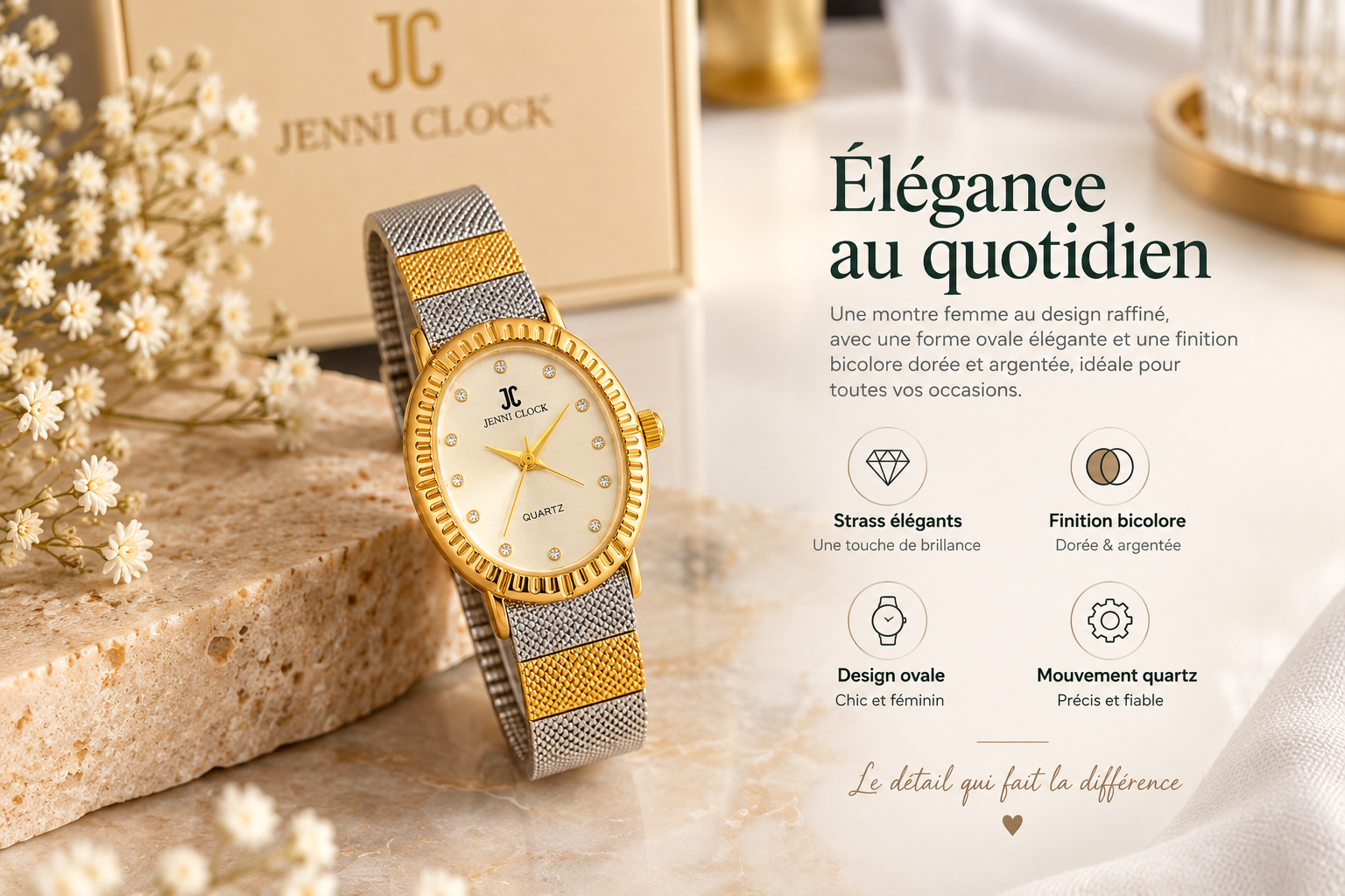 Montre femme ovale bicolore dorée et argentée