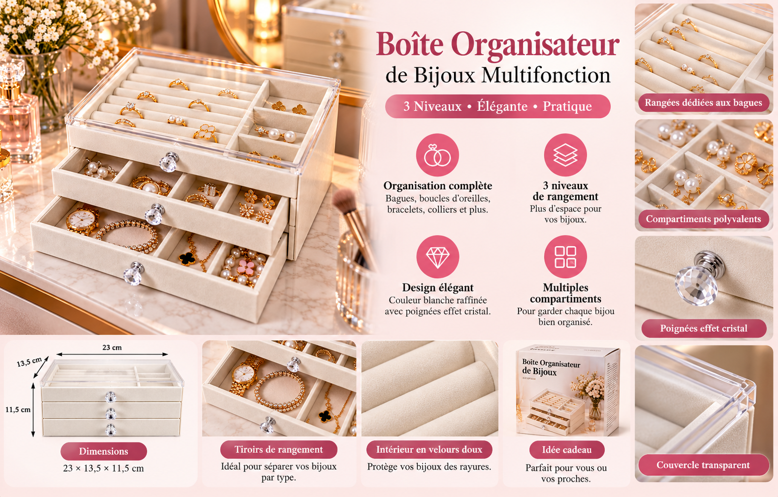 Boîte de rangement pour bijoux multifonction avec compartiments et tiroirs