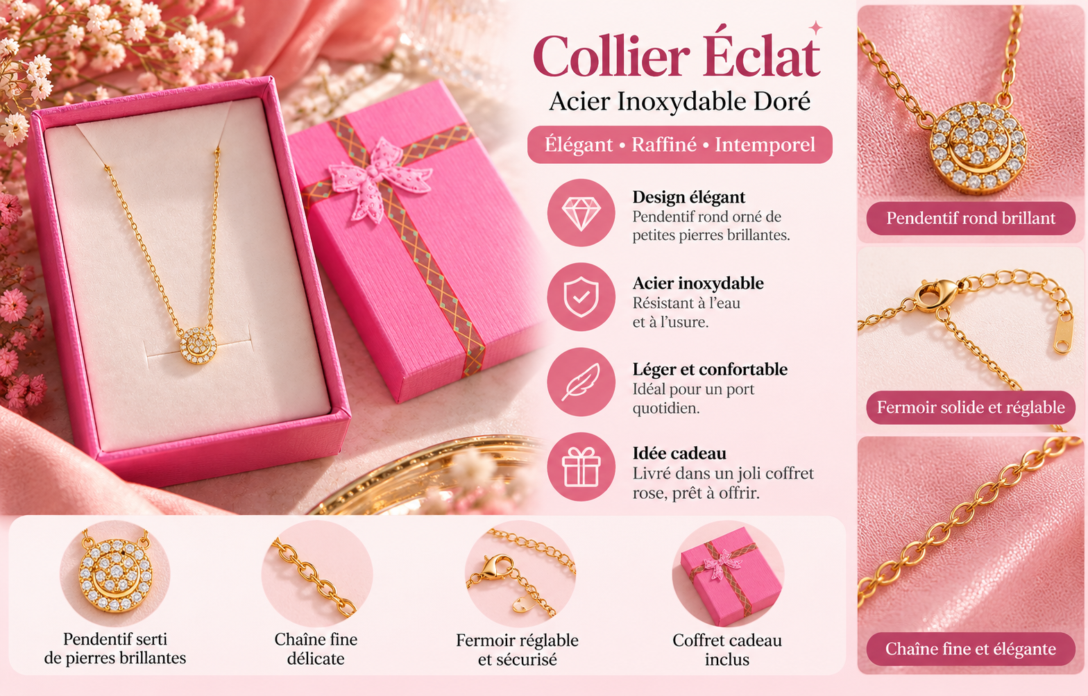 Collier Éclat femme en acier inoxydable doré avec pendentif rond brillant