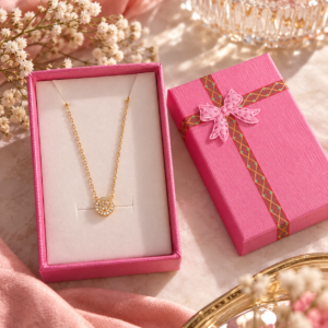 Collier Éclat doré en acier inoxydable présenté dans son coffret cadeau