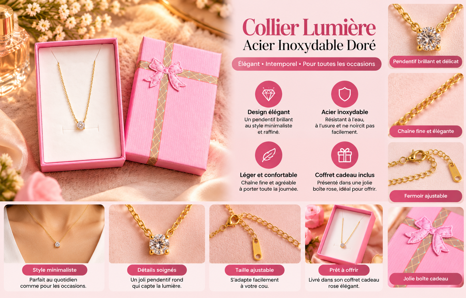 Collier Lumière en acier inoxydable doré avec pendentif rond brillant et détails