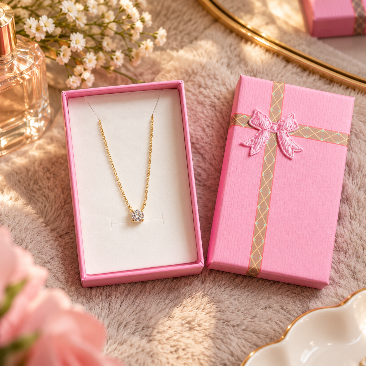 Collier Lumière doré en acier inoxydable présenté dans son coffret cadeau rose