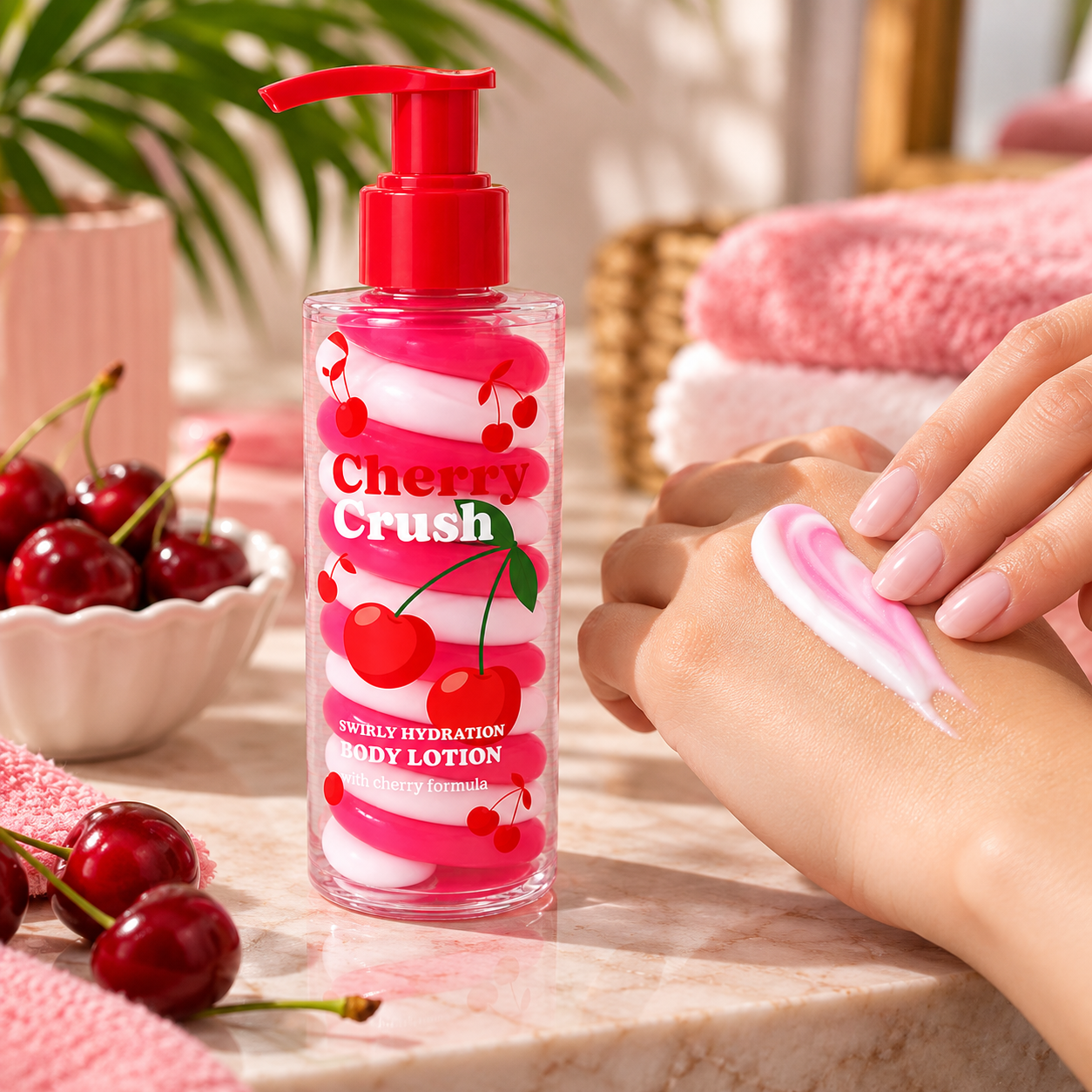 Application de la lotion corps Cherry Crush parfum cerise